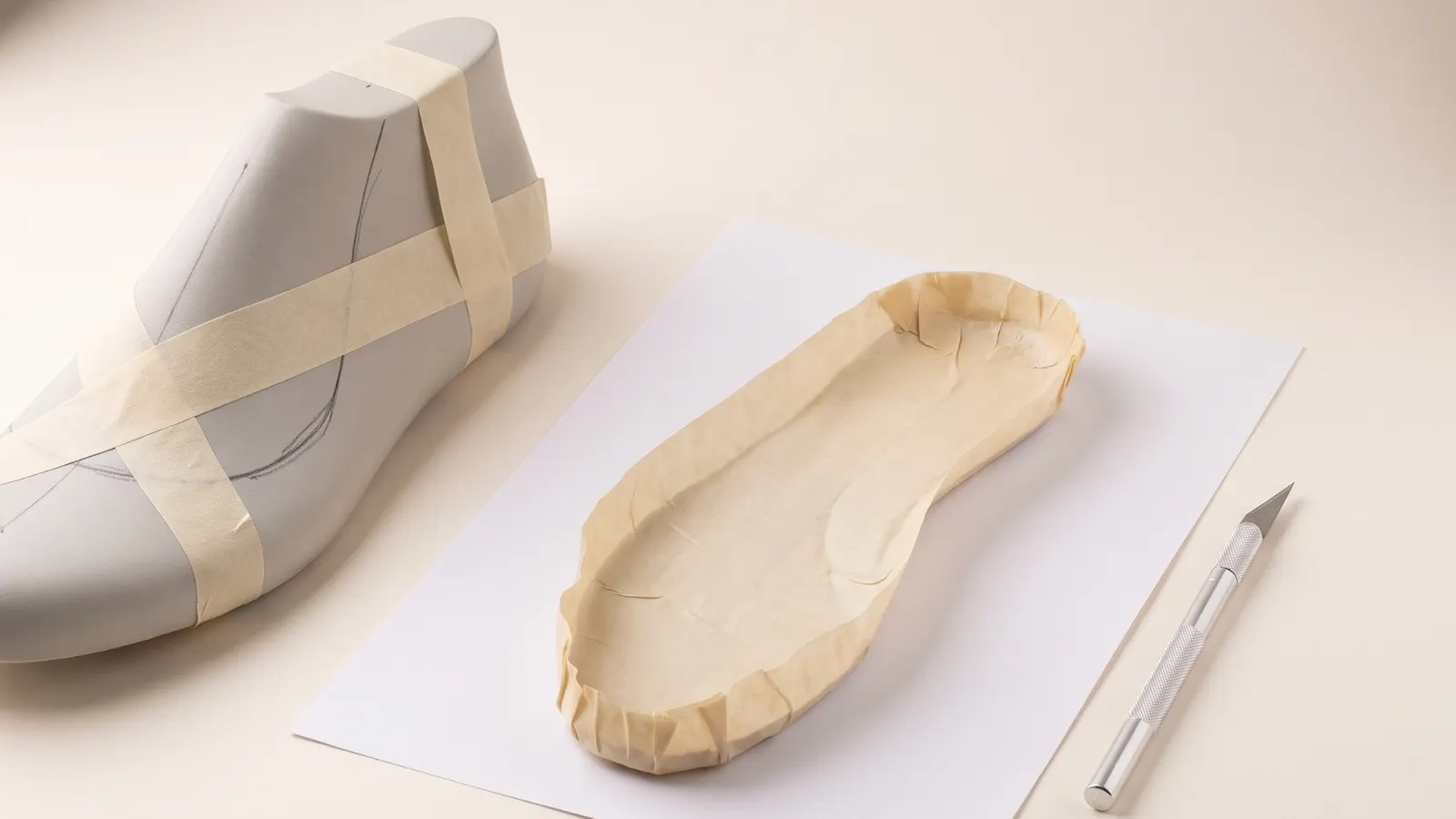 The manual way: a last wrapped in masking tape and the peeled-off tape shell pressed flat.