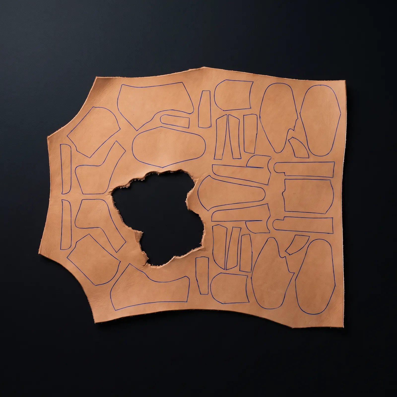 Small pattern pieces packed into a leftover piece of leather.