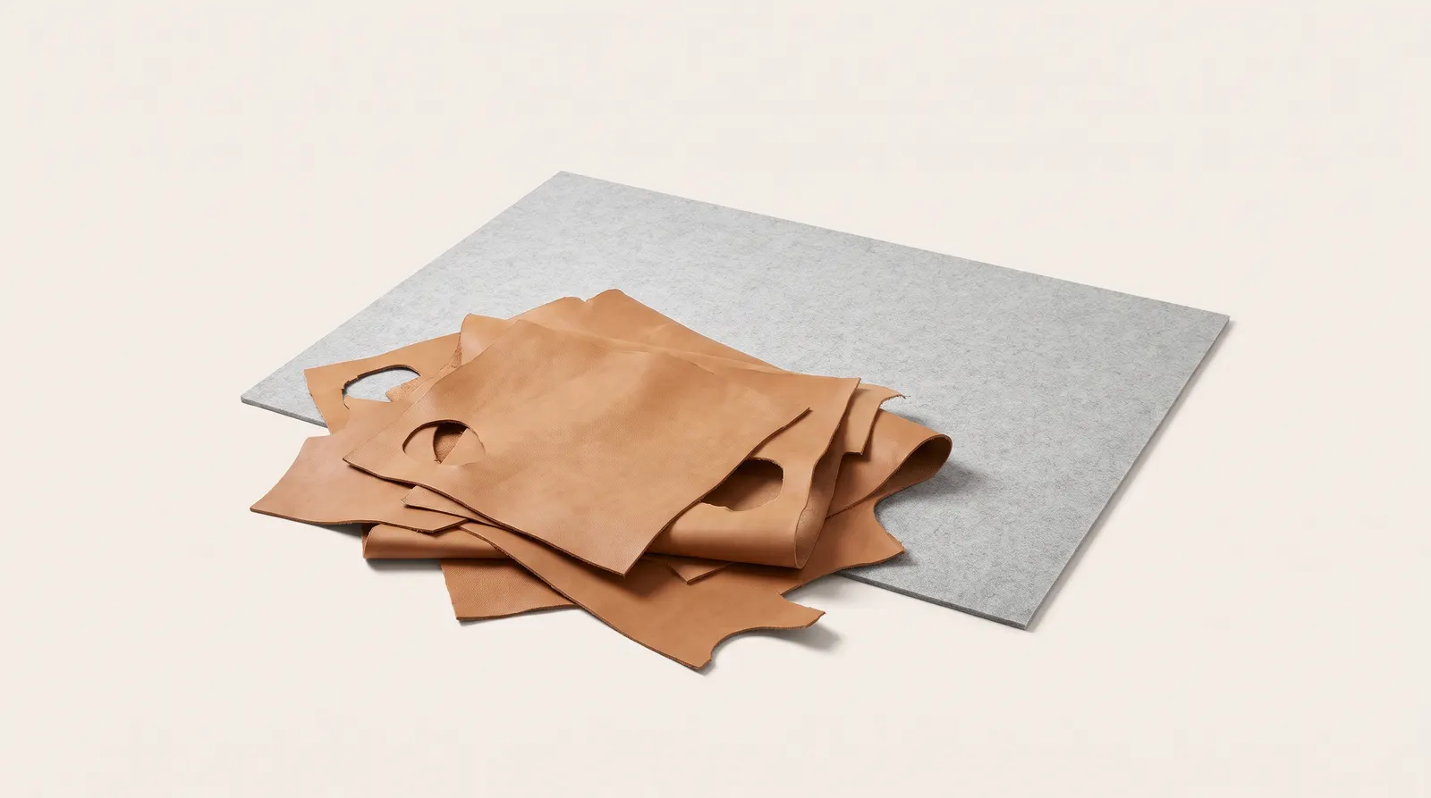 Leather offcuts and half-used sheets piled up.